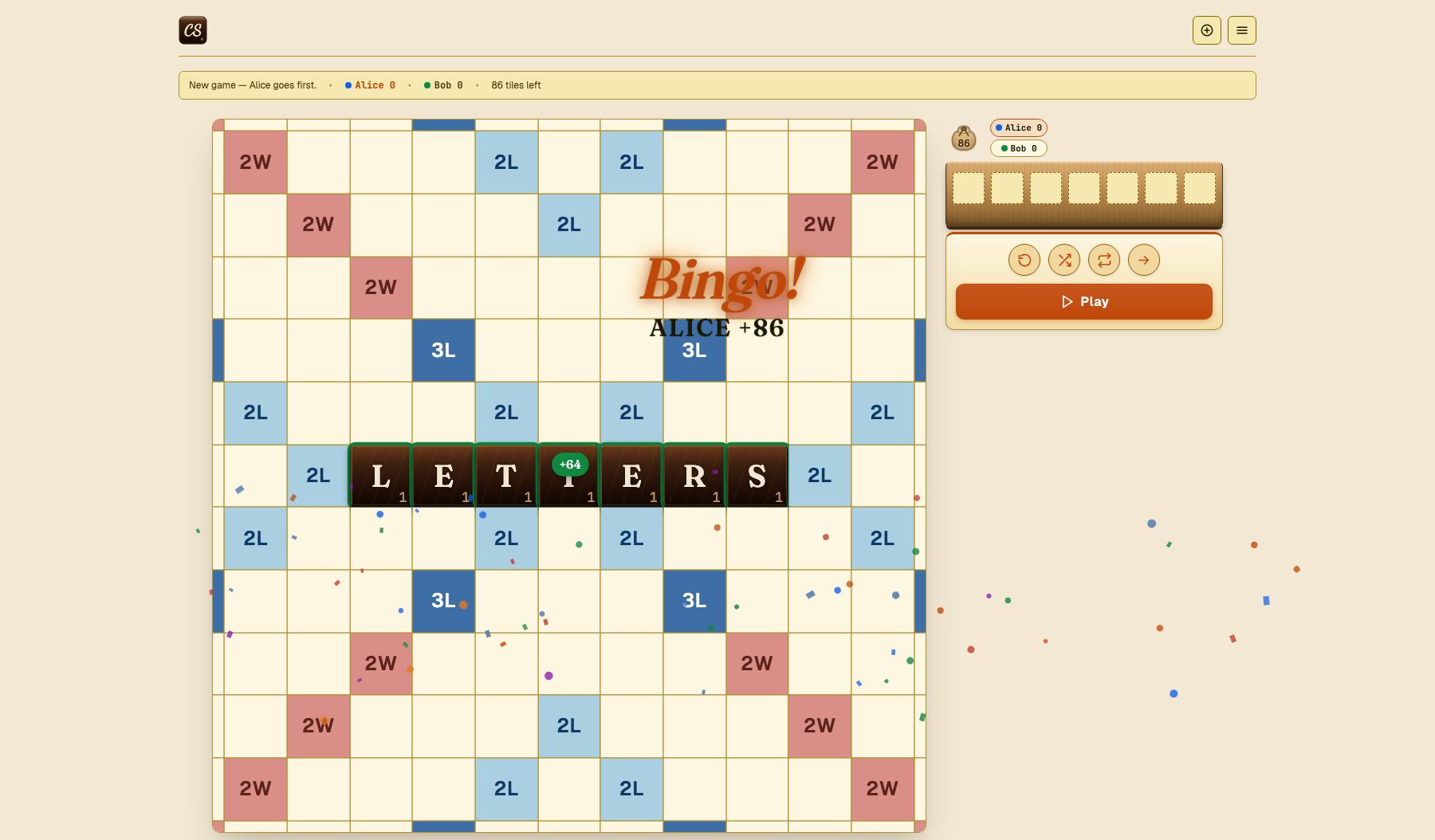 A Bingo! celebration banner with confetti after playing all seven tiles