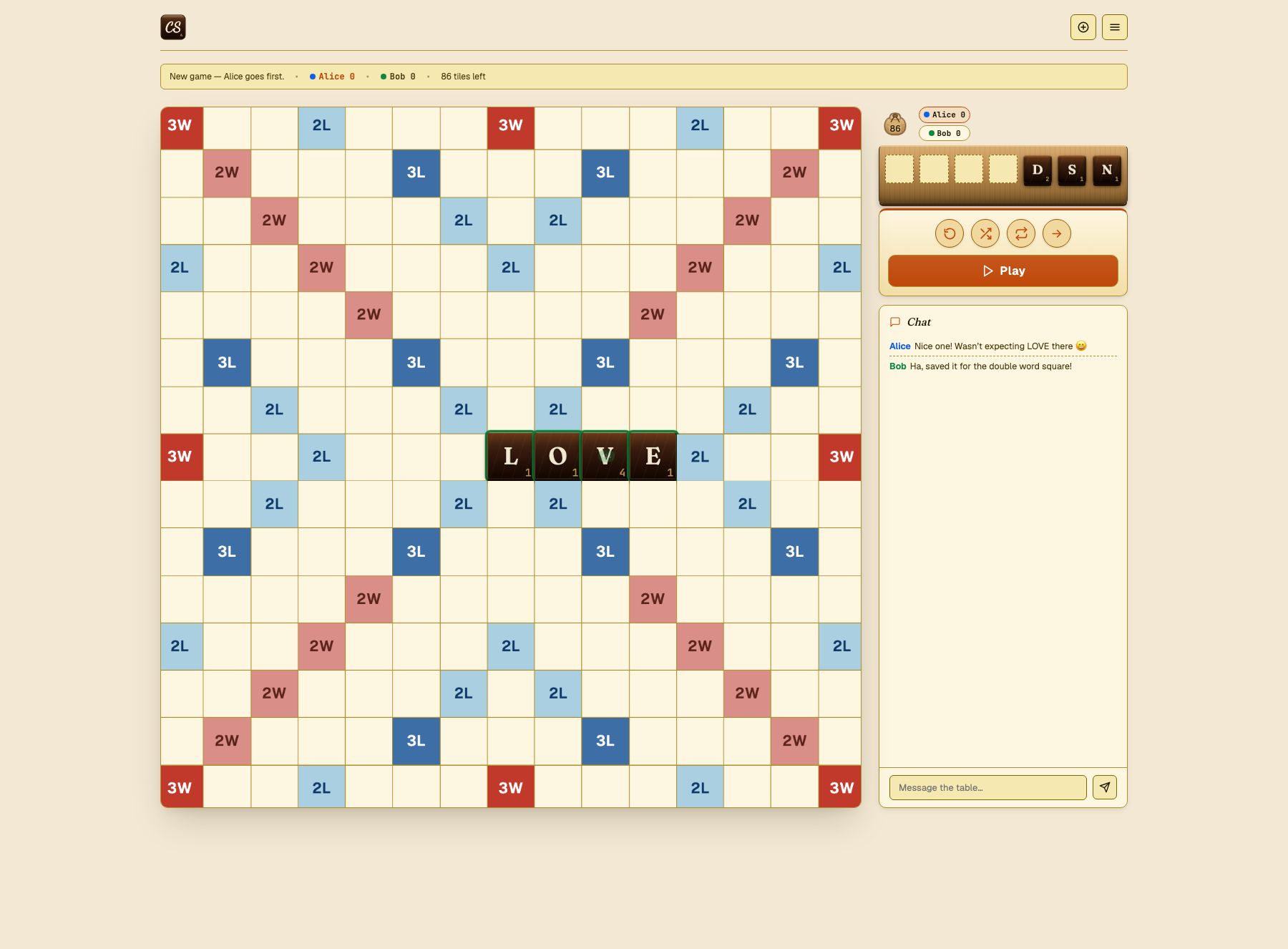 The in-game chat panel next to the board, showing a friendly exchange between two players