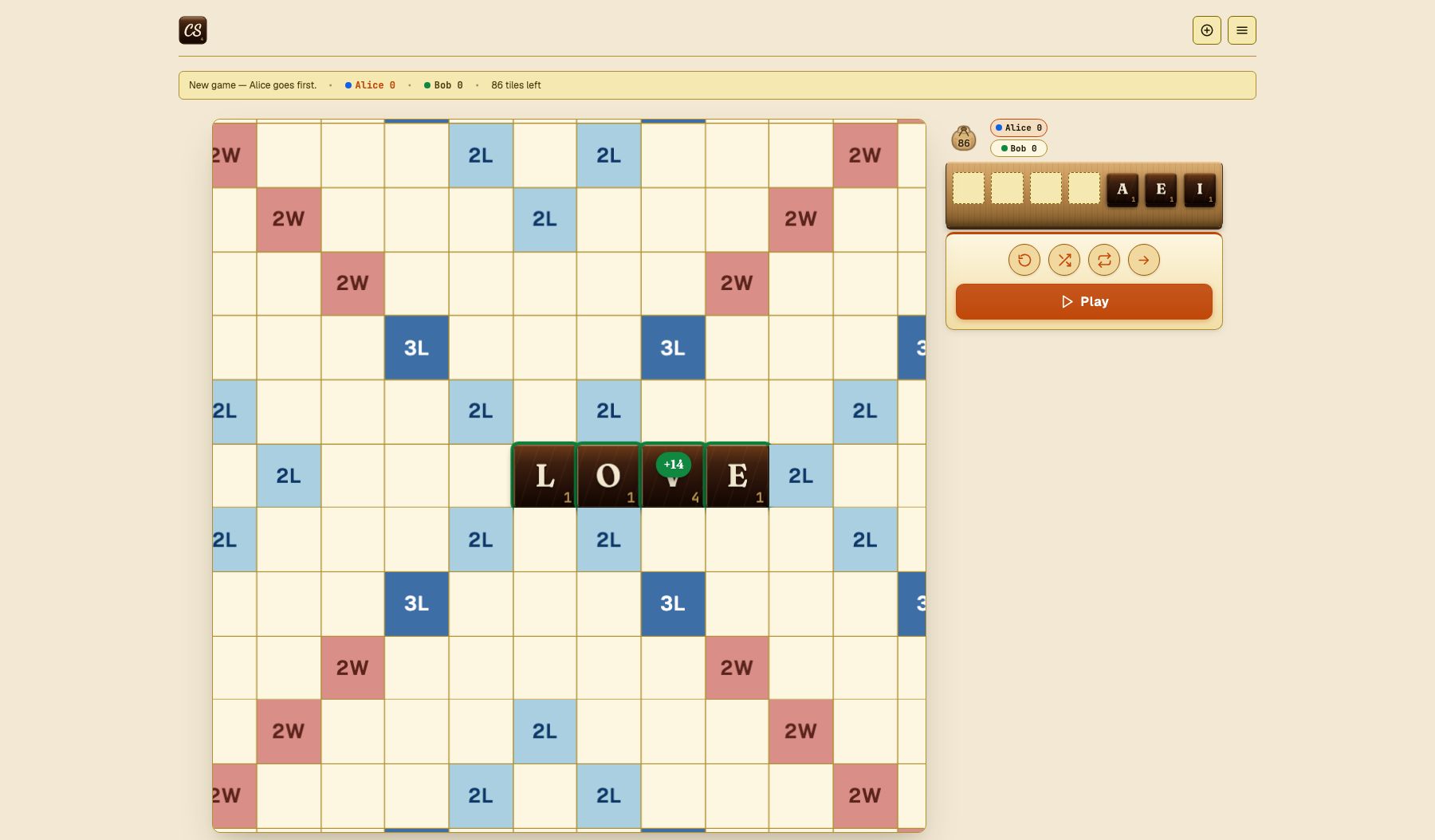 Placing the word LOVE on the board with a live +14 score bubble showing above the tiles