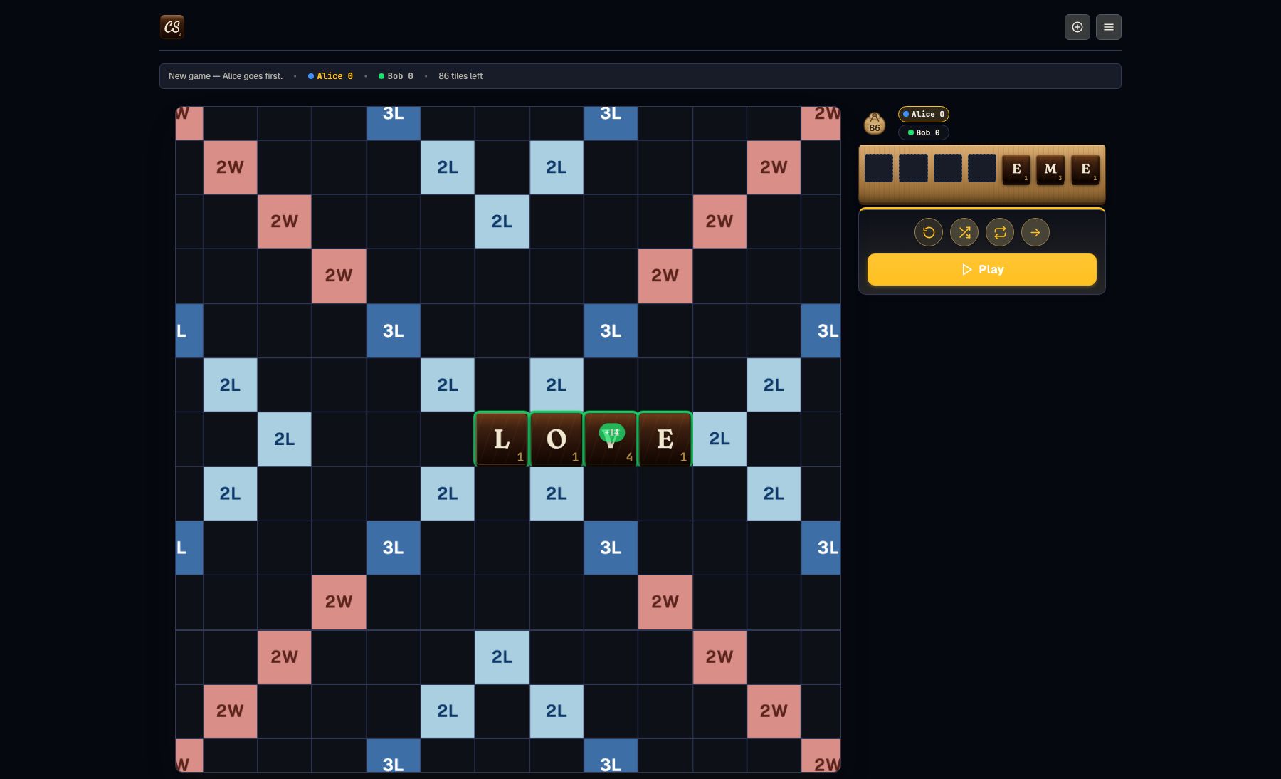 The game board and rack rendered in the dark Midnight color theme