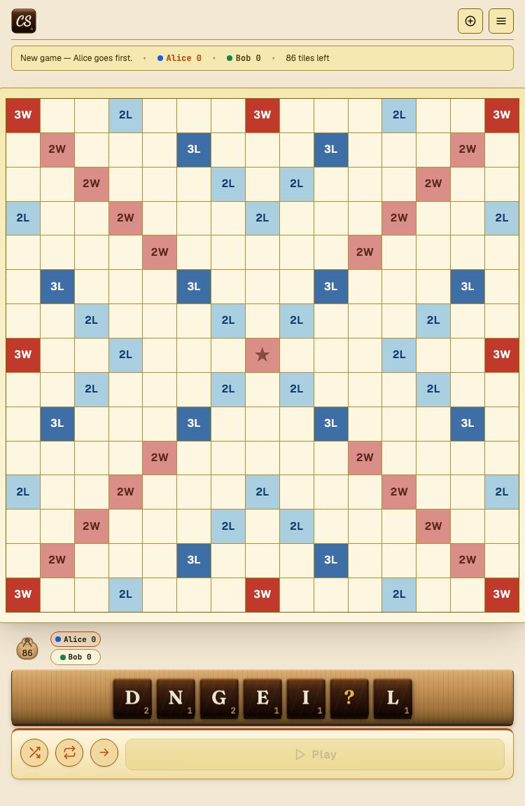 The full game board and rack laid out on a phone-sized mobile screen