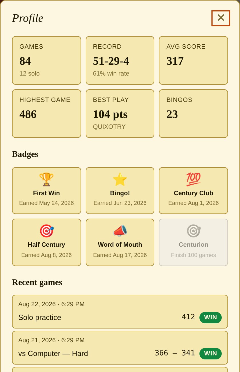 A player profile showing games played, win-loss record, best play, earned badges, and recent game history