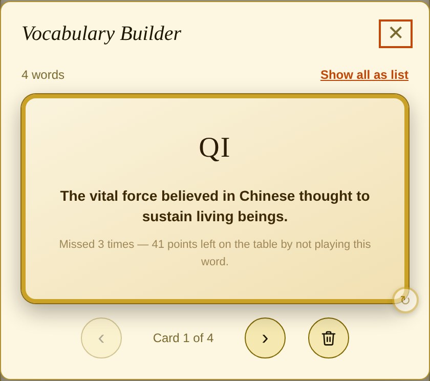 A Vocabulary Builder flashcard for the word QI, showing its definition and that missing it cost 41 points across three games